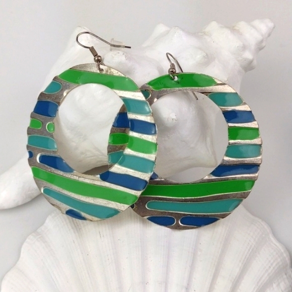 ♥️Bundle Only♥️ Vintage Style Enameled Blue & Green Hoop Disc Drop Earrings - Picture 5 of 7